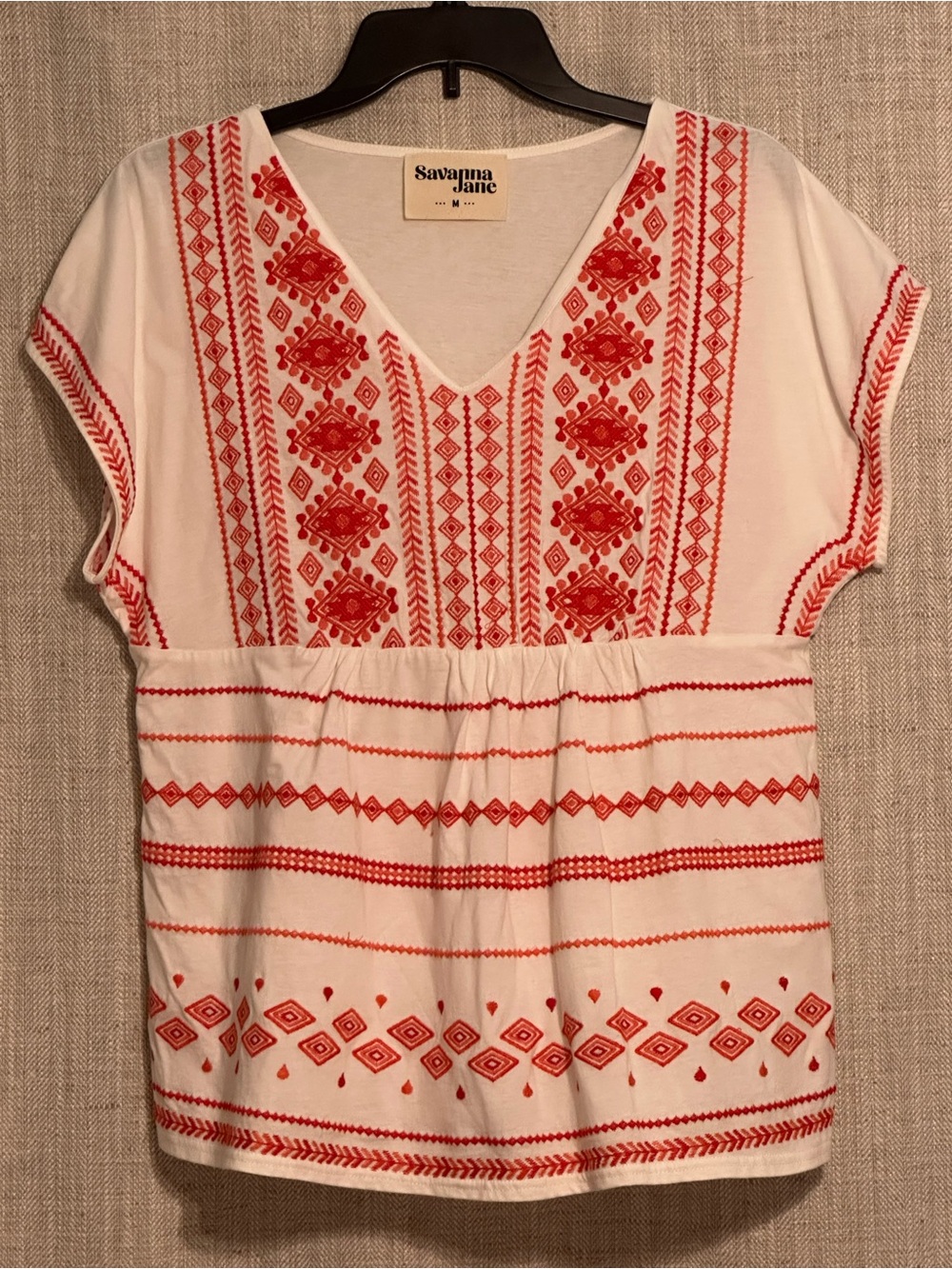 Savanna Jane White V-Neck Top with Orange-Red Embroidery